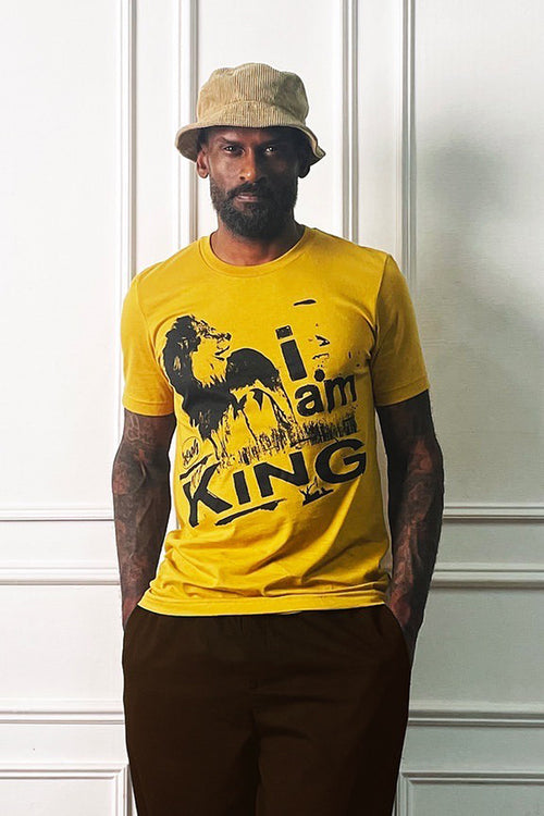 I Am King - Men's graphic tee with Lion artwork.  Short sleeve, mustard yellow, screen printed on soft, 100% ringspun cotton.