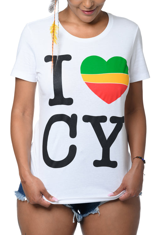 Cooyah - Women's I Love CY graphic tee in white with rasta color heart print.  Screen printed on soft, 100% ringspun cotton.  