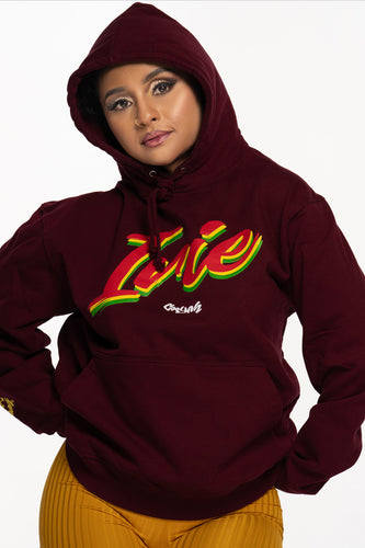 Cooyah Clothing IRIE Rasta Pullover Hoodie in burgundy. Reggae Casual Jamaican Street Wear Sweatshirt