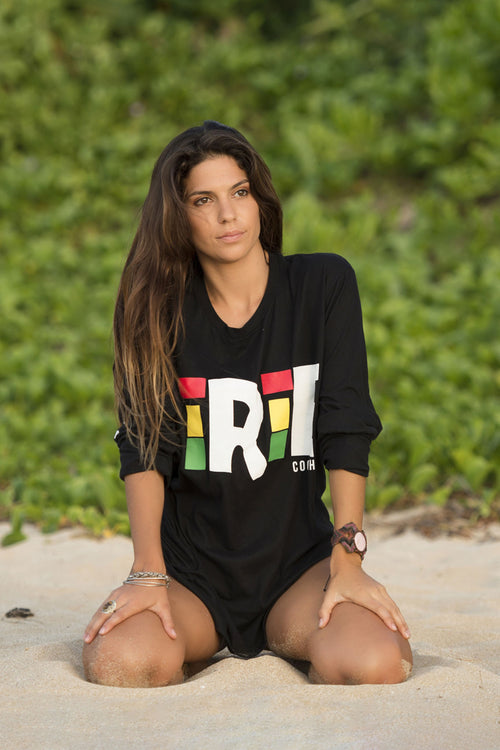 Irie long sleeve women's t-shirt with red, gold, and green Cooyah brand  graphics screen printed on soft, ringspun cotton.