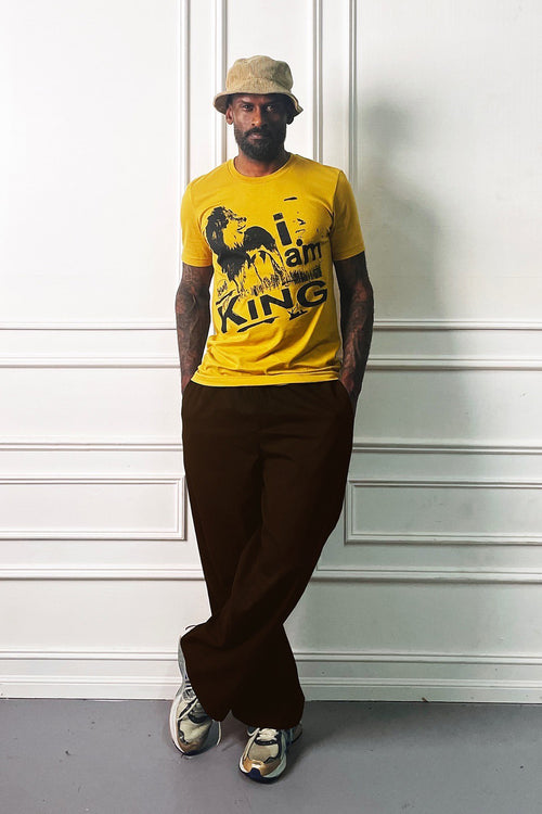 I Am King - Men's graphic tee with Lion artwork.  Short sleeve, mustard yellow, screen printed on soft, 100% ringspun cotton.