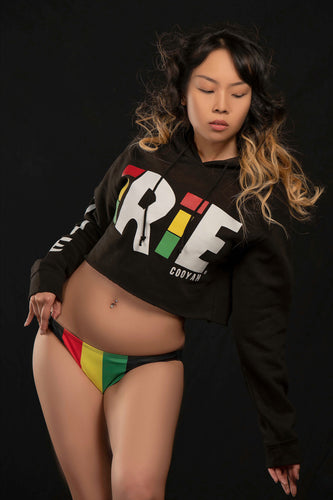 Cooyah Clothing.  Irie cropped women's hoodie in black.  Rasta colors print.  Jamaican lifestyle clothingbrand.