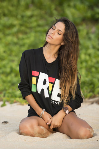 Cooyah Irie Classic long sleeve t-shirt.  Available in black with reggae colors design.