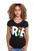 Load image into Gallery viewer, Cooyah women&#39;s black  v-neck tee with Irie graphic screen printed on soft ringspun cotton.
