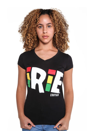 Cooyah women's black  v-neck tee with Irie graphic screen printed on soft ringspun cotton.