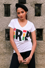 Load image into Gallery viewer, Cooyah Jamaica women&#39;s white v-neck tee with Irie graphic screen printed on soft ringspun cotton.
