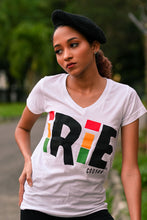 Load image into Gallery viewer, Cooyah Jamaica  women&#39;s white v-neck tee with Irie graphic screen printed on soft ringspun cotton.
