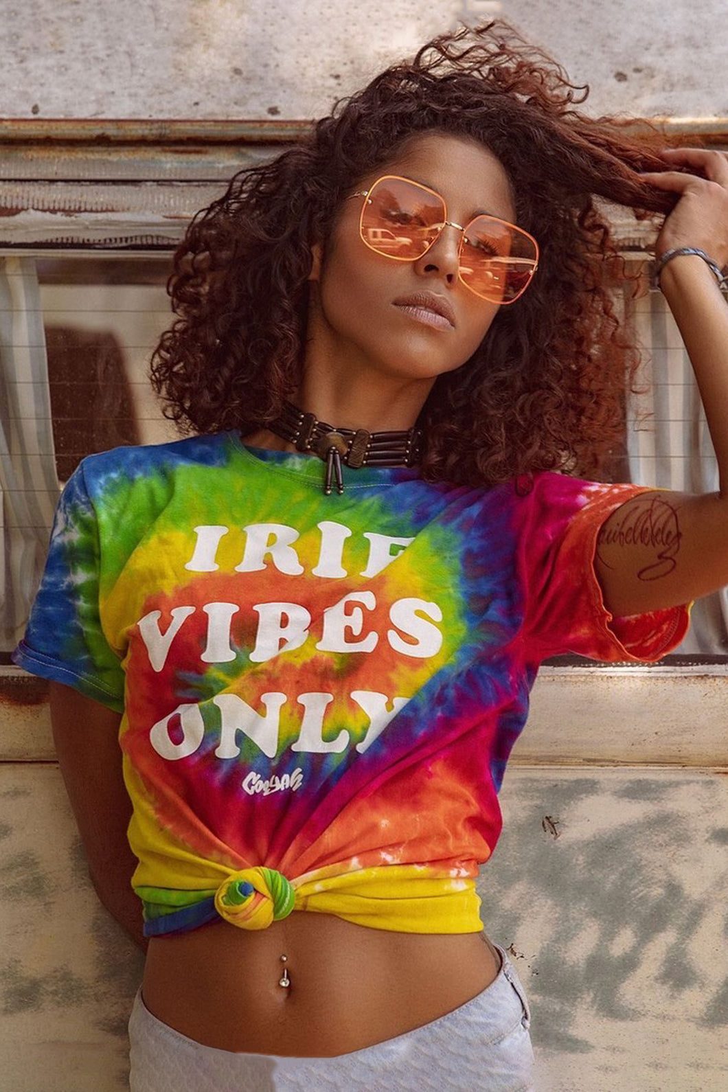 IRIE Vibes Only Tee.  Colorful women's tie-dye shirt.  Cooyah the official reggae clothing brand since 1987.  