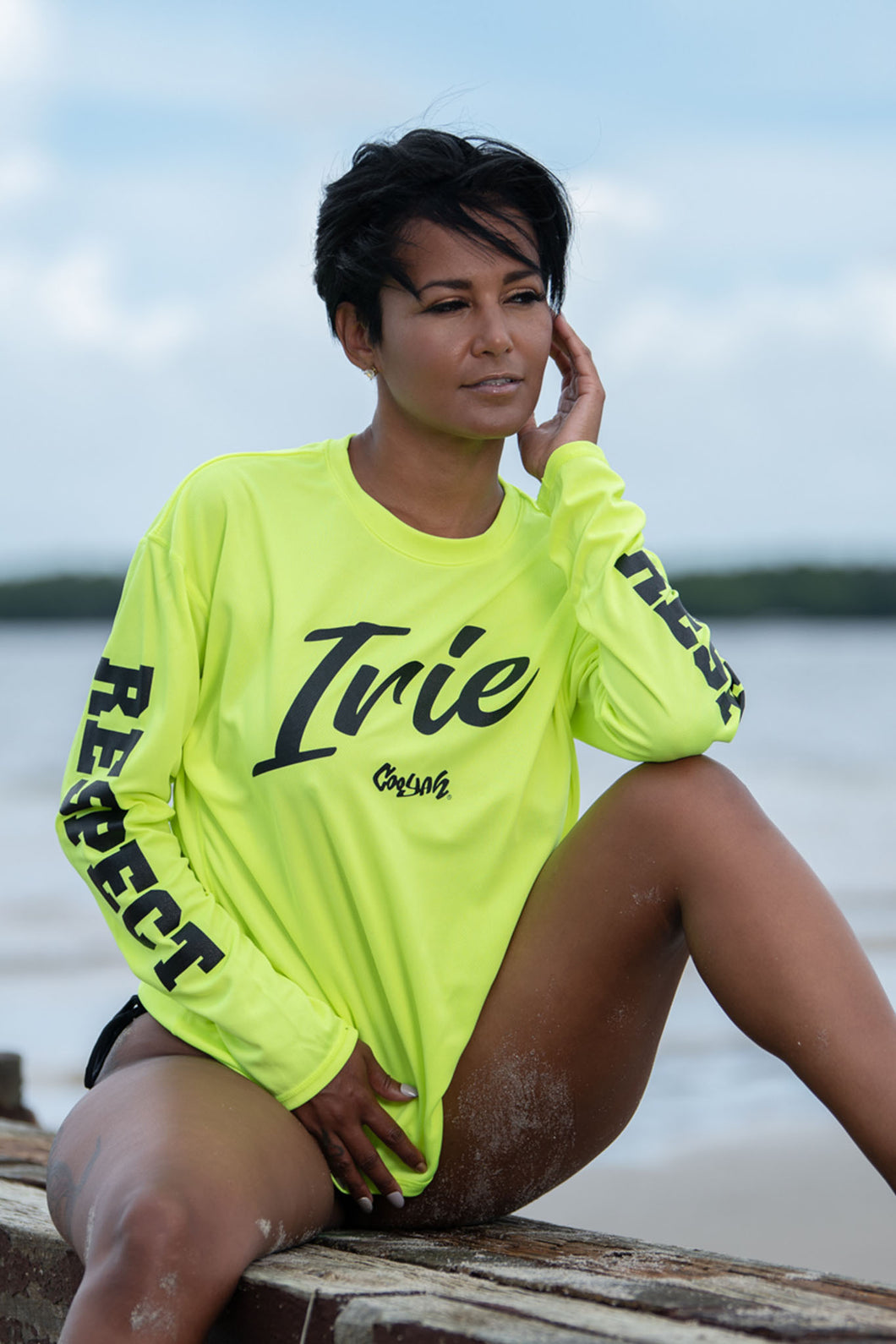 Cooyah Jamaica Irie Yard Long Sleeve UPF 50+ Dri-Fit women's Sun Shirt. Neon yellow.  Jamaican beachwear clothing.