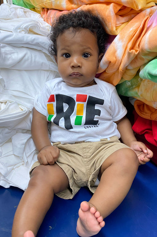 Cooyah Clothing.   Irie Reggae baby onesie.  Screen printed design in rasta colors.  Soft, ringspun, clothing