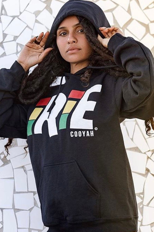 Cooyah Jamaican style black hoodie. Irie is printed on the front in reggae colors and love is printed on the sleeves.