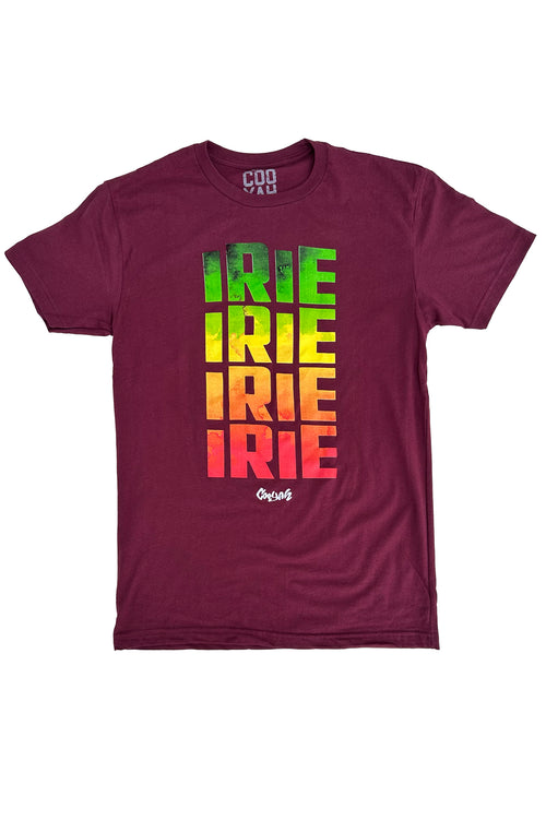 Cooyah Jamaica.  Men's irie t-shirt in maroon.  Screen printed in reggae colors at Cooyah Studio.  We are a Jamaican streetwear clothing company established in 1987.  One Love.