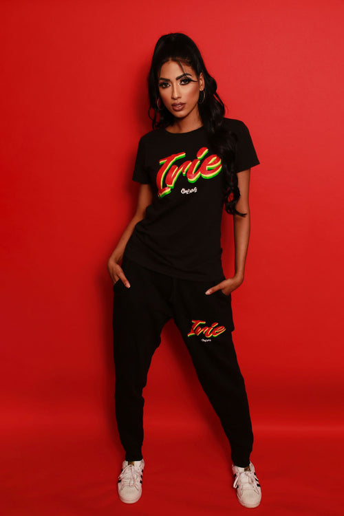 Women's Irie Rasta tee and joggers.  Screen printed in reggae colors.  Cooyah Clothing Brand.