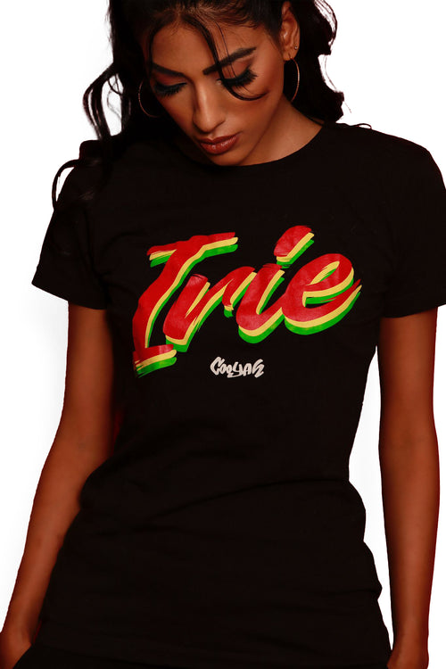 Cooyah Jamaica.  Irie Rasta Graphic tee for women.  Reggae colors design.  We are a Jamaican clothing brand established in 1987.