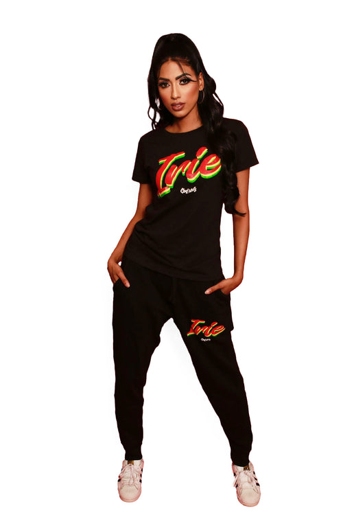 Cooyah Jamaica.  Women's Irie Rasta tee and joggers.  Screen printed in reggae colors on 100% ringspun cotton.