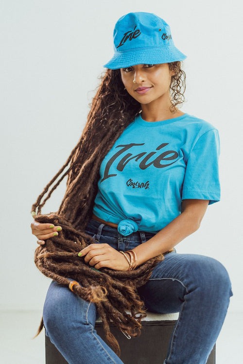 Cooyah Jamaica. Women's Irie T-Shirt. Crew neck, short sleeve, boyfriend tee in turquoise.  Jamaican reggae clothing brand.