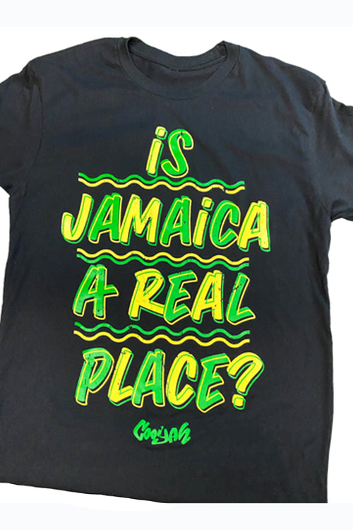 Cooyah - Is Jamaica a Real Place?  Jamaica graphic tee in black. Men's crew neck, short sleeve t-shirt. As a Jamaican owned clothing brand since 1987, we take pride in bringing you this classic piece. 