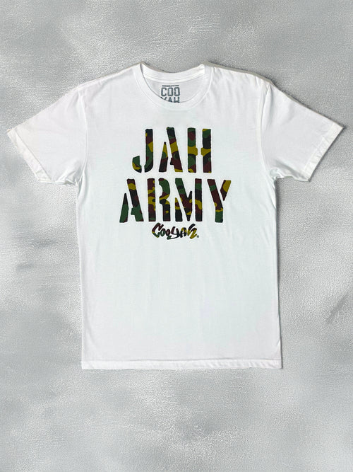 Men's Jah Army graphic tee by Cooyah Clothing.  Camo print, 100% cotton, crew neck, shirt. 