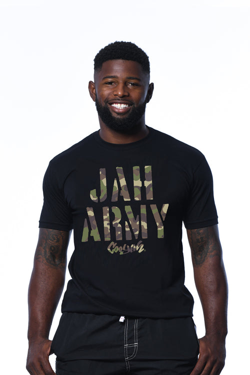 Cooyah Jamaica - Men's Jah Army graphic tee.  Short sleeve shirt screen printed on 100% ringspun cotton.  We are a Jamaican owned reggae clothing brand since 1987.