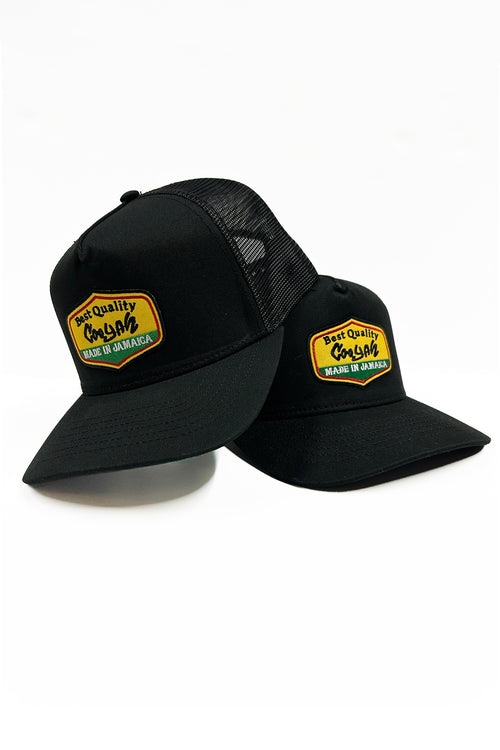 Made in Jamaica trucker hats with black, yellow, and green - Jamaican colors patches.  Cooyah Clothing