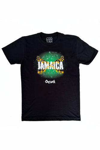 Cooyah Jamaica graphic tee in black.  Jamaican flag design on a short sleeve black graphic tee.