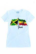 Load image into Gallery viewer, Cooyah Clothing.  Jamaica Ethiopia Flag women&#39;s white graphic tee with red, yellow, and green print.  Rasta 
