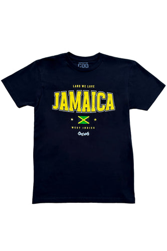 Cooyah Clothing.  Jamaica Land We Love graphic tee in black.  Men's crew neck, short sleeve, ringspun cotton.  Jamaican streetwear brand.  IRIE