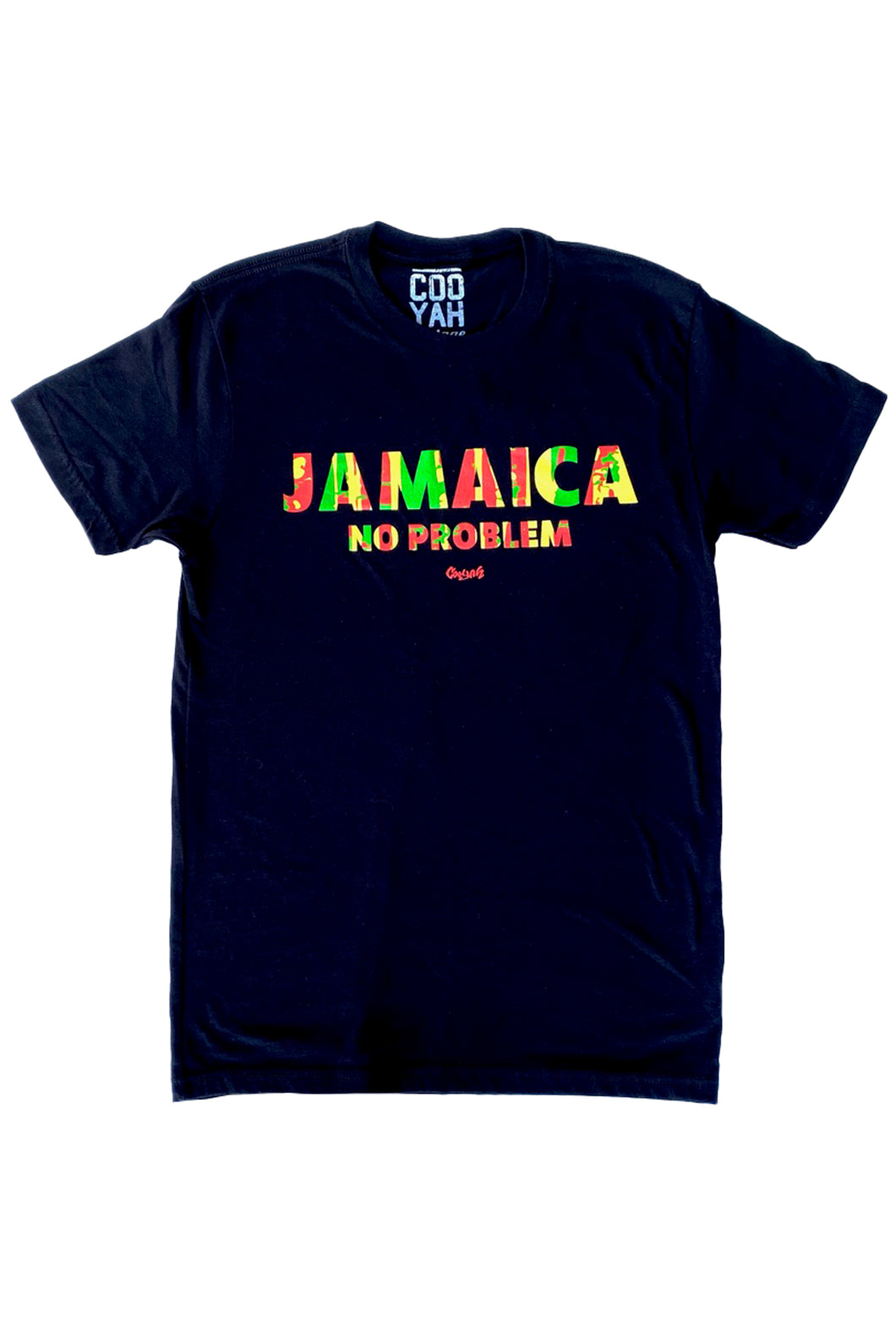 Cooyah Clothing. Jamaica No Problem men's graphic tee in black. Reggae style design on a short sleeve rinspun cotton t-shirt. Jamaican menswear fashion.