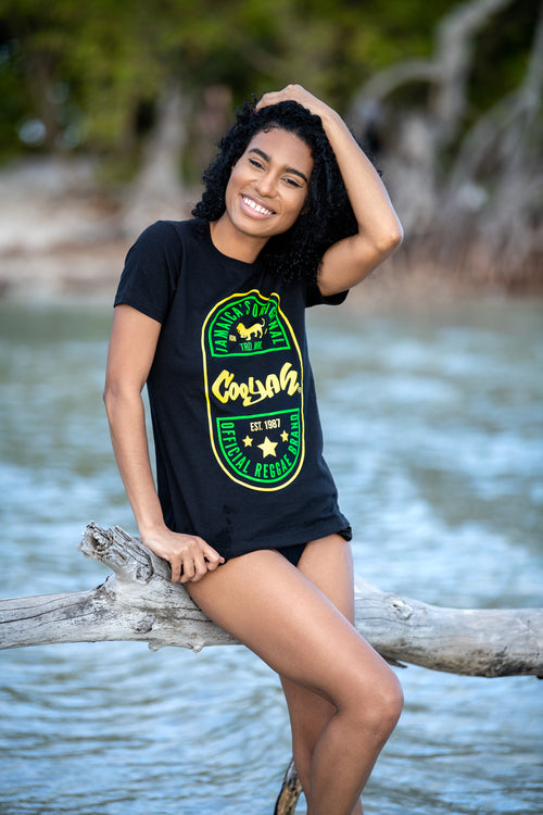 Cooyah Jamaica. Women's crew neck tee hand-printed in Jamaican colors. Official reggae brand since 1987.