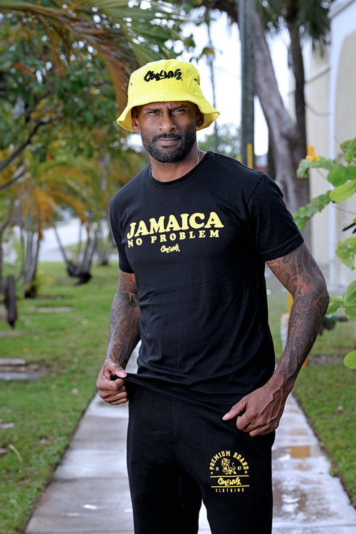 Cooyah.  Jamaica No Problem men's graphic tee.  We are a Jamaican owned clothing brand established in 1987.  Irie