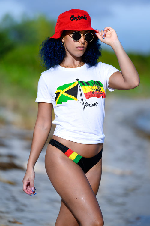 Cooyah Clothing. Jamaica Ethiopia Flag women's white graphic tee. Red bucket hat and reggae beachwear. We are a Jamaican owned clothing brand since 1987.