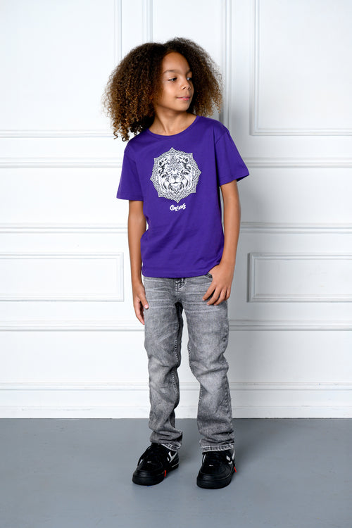 Cooyah Clothing - kids purple t-shirt with a lion mandala design and a white bucket hat with 'Irie' embroidered text. 