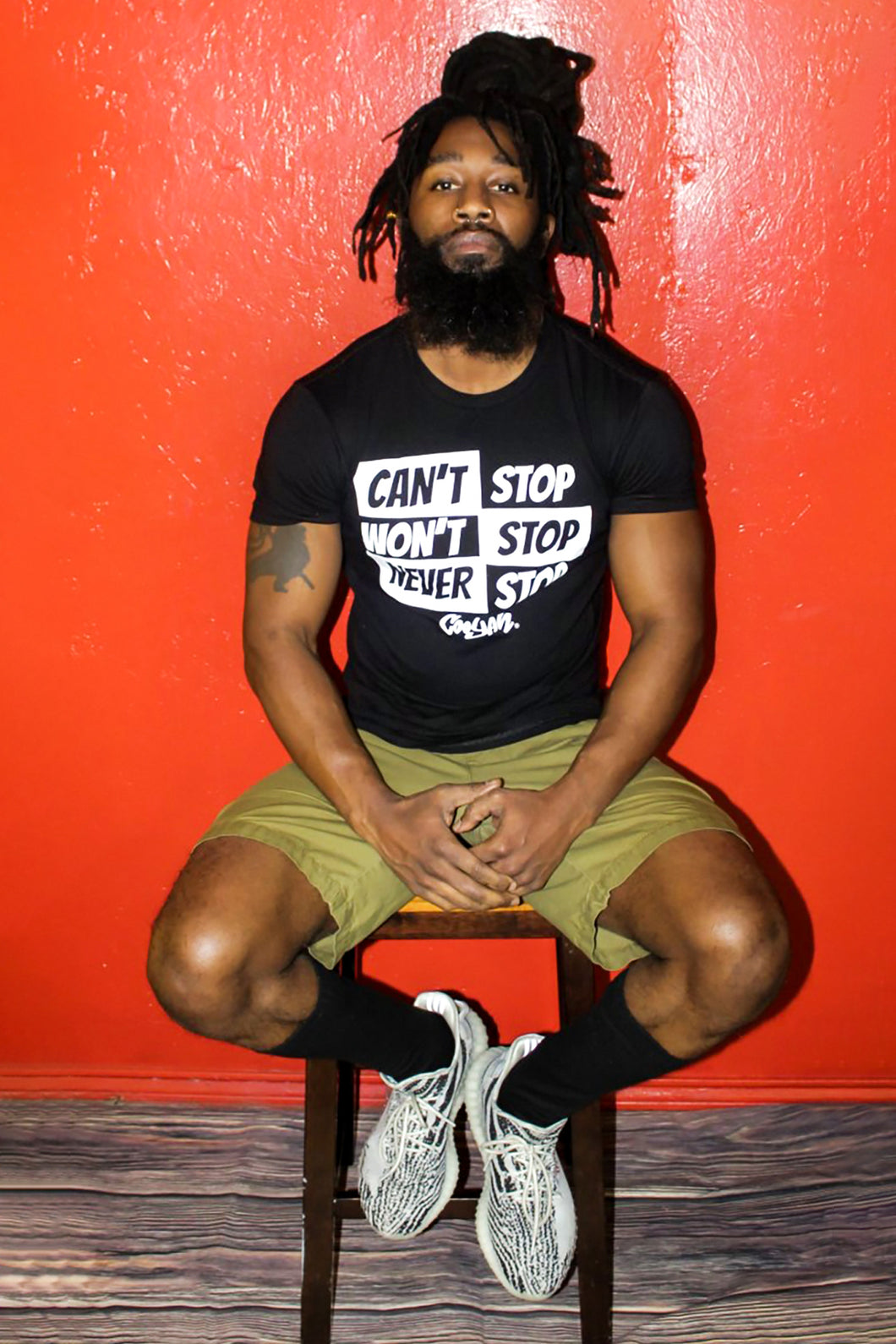 Cooyah Can't Stop Won't Stop, Never Stop men's t-shirt in black.