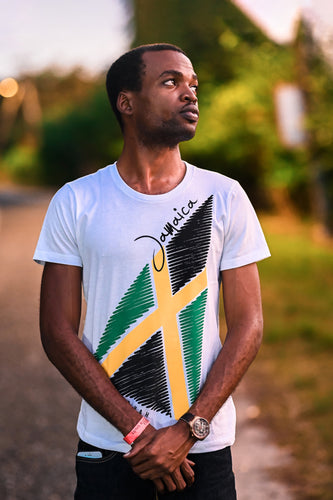 Cooyah Clothing.  Men's Kingston Jamaica graphic tee.  Jamaican flag pennant design on soft, rinspun cotton.   IRIE