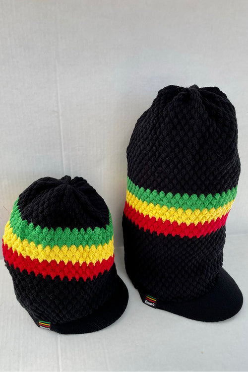 Cooyah Jamaica. Knit Rasta Tam with brim. Jamaican rootswear clothing brand. The perfect hat for dread locks. IRIE