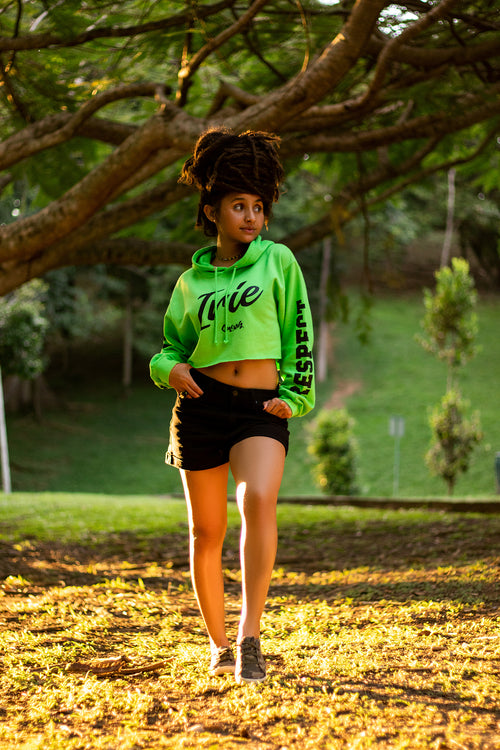 Cooyah Jamaica - Women's lime green crop top hoodie with irie graphic on the front.