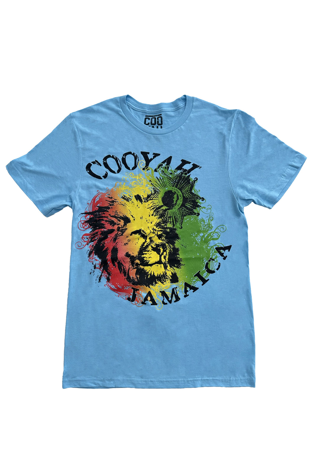 Cooyah Jamaica.  Men's Rasta Lion graphic tee.  Crew neck, short sleeve t-shirt.  Screen printed in reggae colors.  IRIE