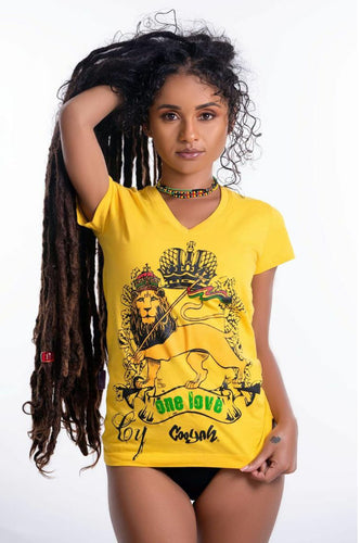 Cooyah Clothing.  Women's v-neck Rasta One Love Lion Crown graphic tee.  Jamaican clothing brand.  IRIE