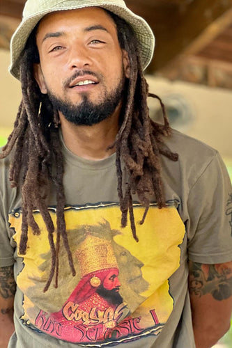 Cooyah Clothing. Haile Selassie Rastafari Lion graphic tee in olive green. Crew neck, short sleeve, soft, ringspun cotton. Rasta