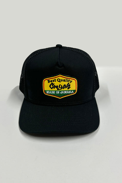 Front view of Made in Jamaica Trucker Hat featuring embroidered logo.  Cooyah Clothing brand.