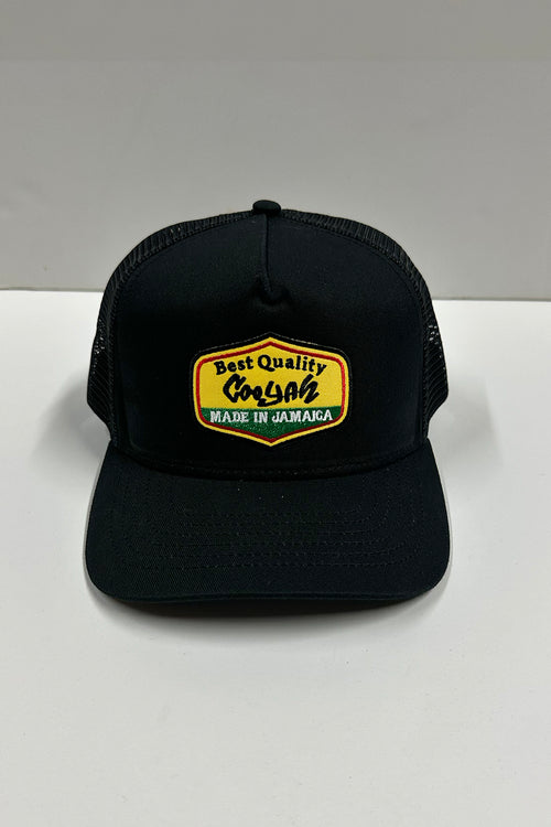 Front view of Made in Jamaica Trucker Hat featuring embroidered logo.  Cooyah Clothing brand.