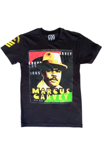 Cooyah Jamaica.  Marcus Garvey graphic tee.  Ringspun cotton, crew neck, short sleeve, mens' t-shirt.  Jamaican clothing brand.