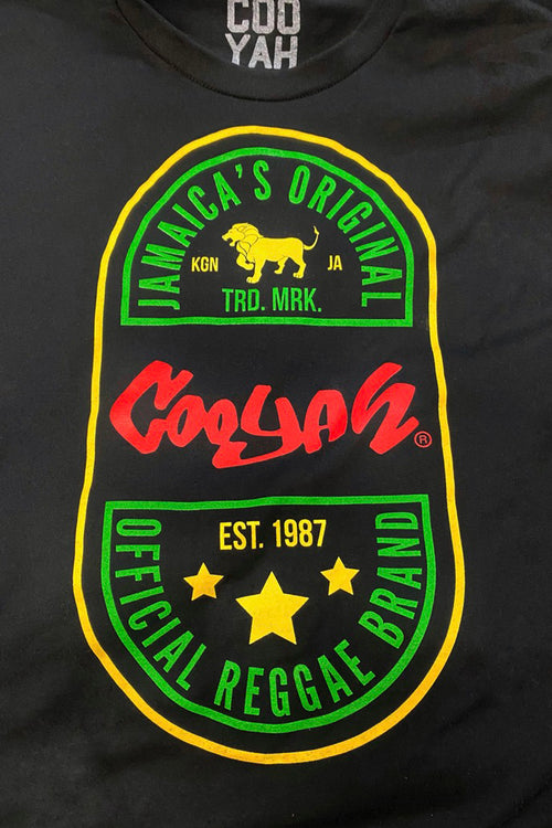 Cooyah Jamaica, short sleeve, crew neck t-shirt with Rasta Ethiopia graphic. Ringspun cotton tee.  Black with reggae color screen print.