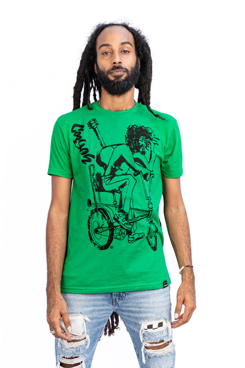 Cooyah Jamaica. Men's Simmer Down T-Shirt featuring a Rastaman on a bicycle design. Ring Spun Cotton, Short Sleeve Green Tee. Jamaican streetwear clothing brand.