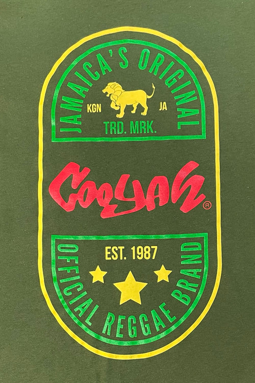 Cooyah Jamaica, short sleeve, crew neck t-shirt with Rasta Ethiopia graphic. Ringspun cotton tee. Olive green with reggae color screen print.