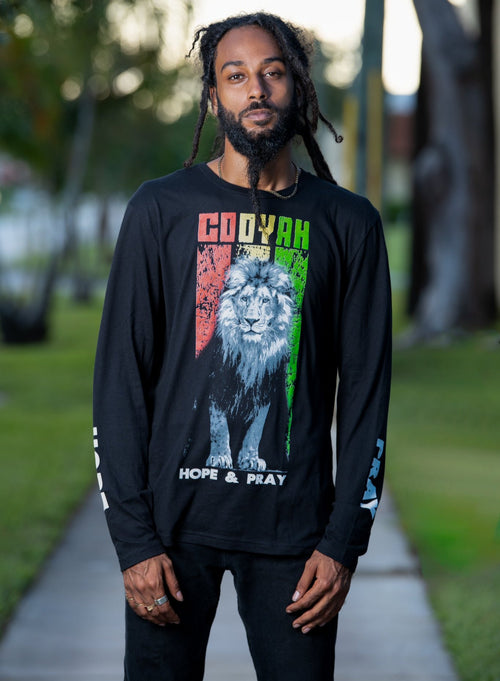 Cooyah - Men's Rasta Lion long sleeve graphic tee.  We are a Jamaican owned clothing company established in 1987.  