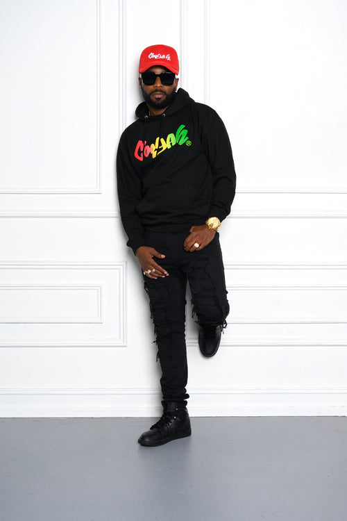 Cooyah Jamaica- Men's Cooyah logo Rasta Puff graphic hoodie.  Soft, warm, and cozy.   Reggae-style fashion.  We are a Jamaican owned clothing brand established in 1987.  IRIE