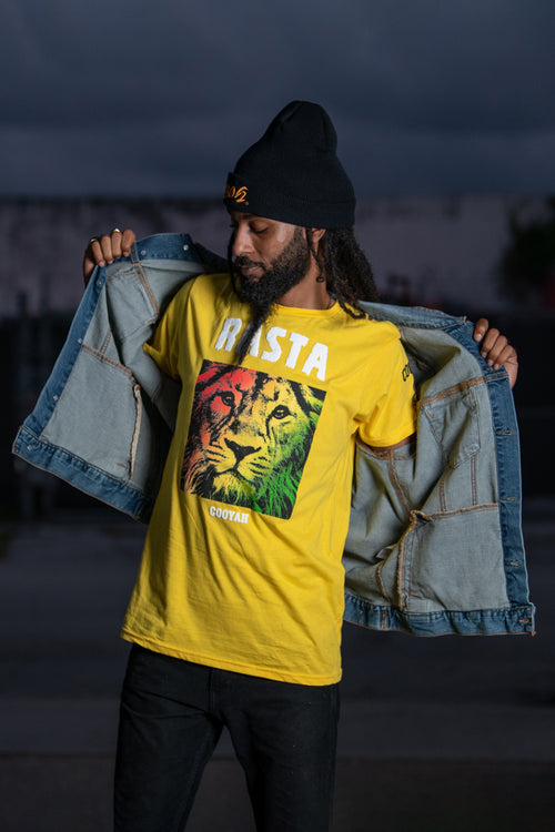 Cooyah Jamaica short sleeve men's Rasta Lion Yellow Tee Shirt, Ring Spun, Crew Neck, Street Wear Reggae Clothing, IRIE