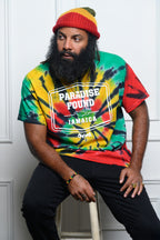 Cooyah - Men's short sleeve rasta colors tie-dye graphic tee that says Paradise Found Jamaica on the front.