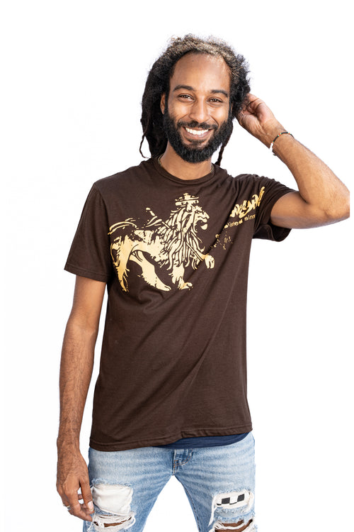 Cooyah Jamaica. Rasta Lion men's graphic tee. Crew neck, short sleeve, ringspun cotton, brown reggae t-shirt. Jamaican clothing brand.